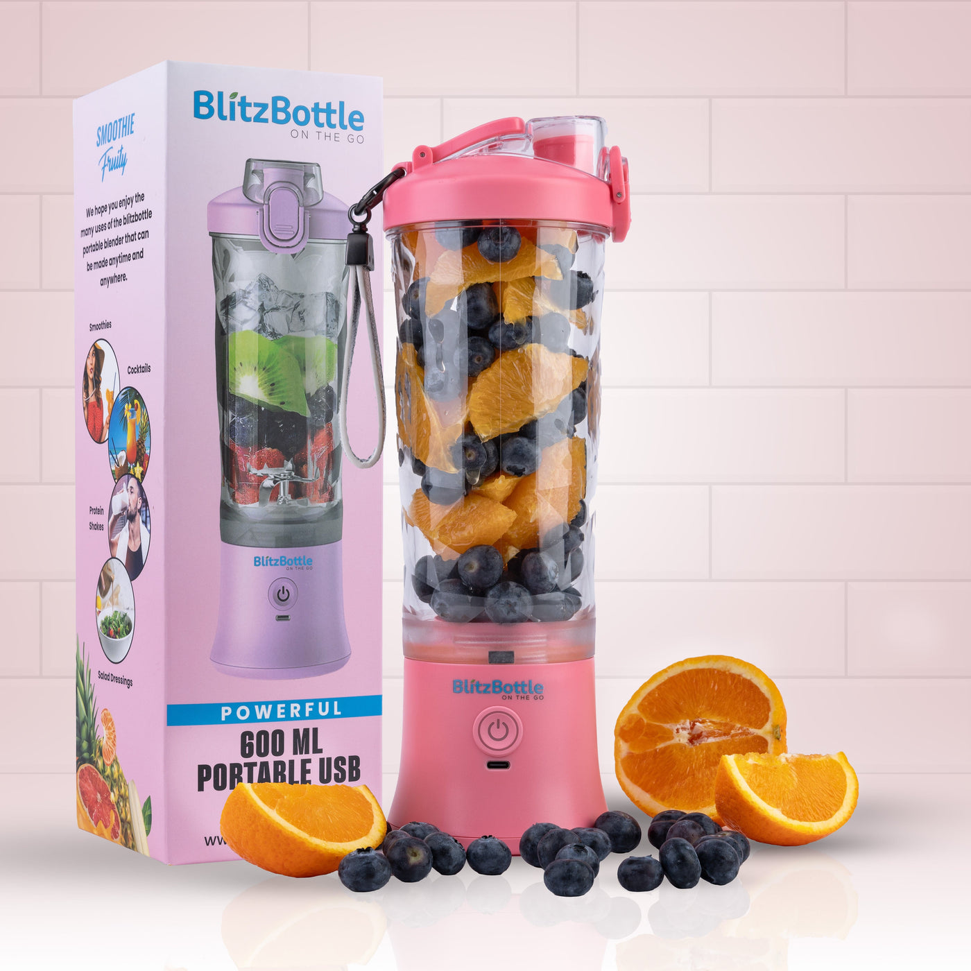 LARGE PINK BLITZBOTTLE <br> PORTABLE BLENDER